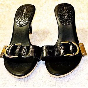 Nine West Leather & Wooden Heels w/ Buckle Detail